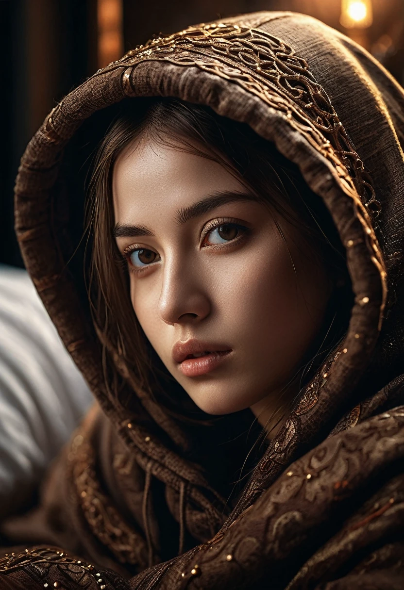 genius idol lady, lady, brown hood, hood, 1girl, best quality, outdoor, high definition, cute, lying on the cute bed, intricate details High Quality, 8k, Realistic, Ultra-Detailed, Dramatic Lighting, Soft Focus, Digital Illustration, Intense Expression, Strong Gaze, Intense Emotion, Complex Mechanics, Advanced Technology, Dark Background, Cinematic, High Contrast, Moody, Strict, Atmosphere, (Best Quality, 4k, 8k, High Definition, Masterpiece: 1. 2 ), ultra-detailed, (realistic, graphic, photorealistic:1.37) --no glass