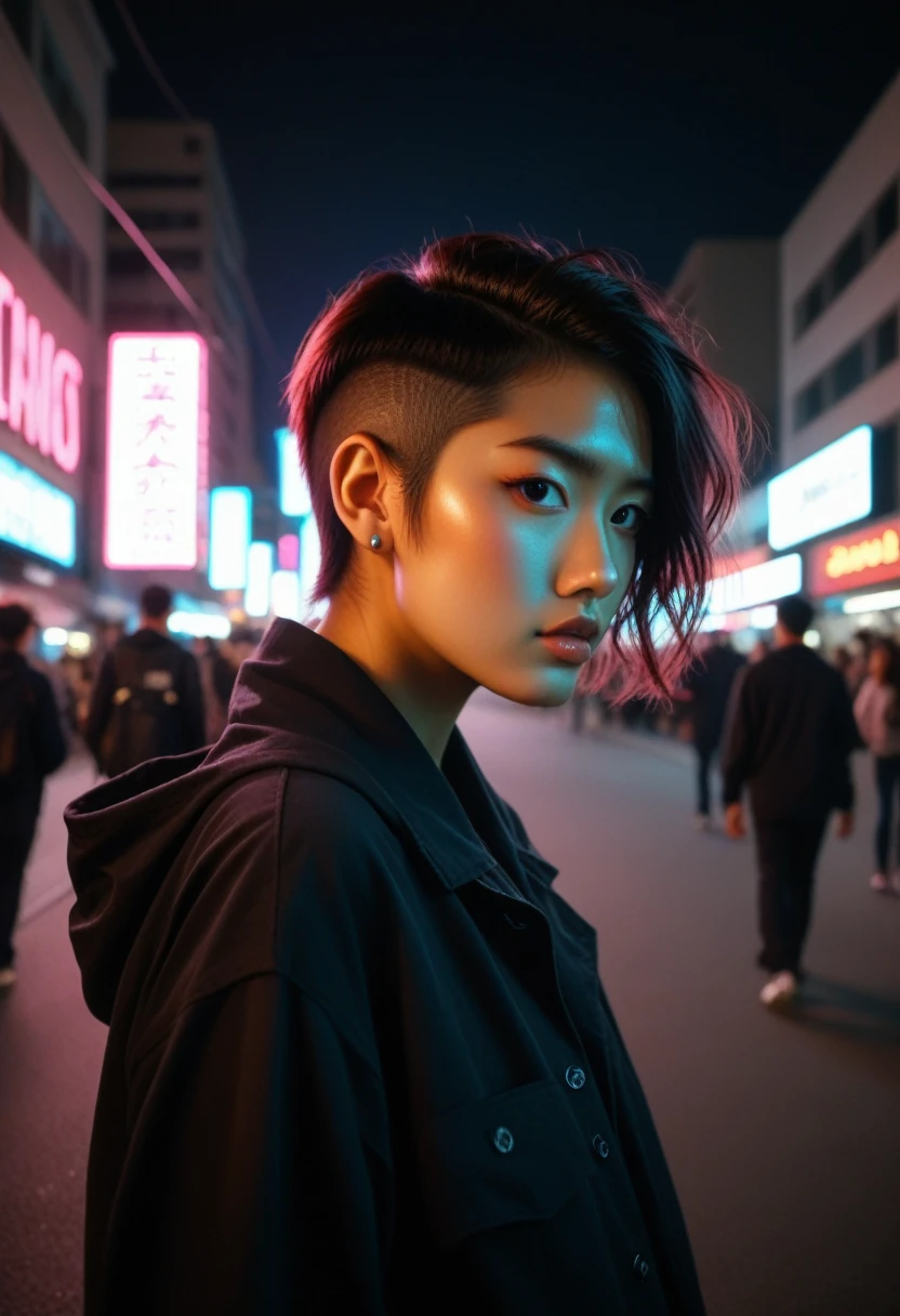 Dark skinned tomboy girl with undercut hair, illustrated by aoiro studio and masaaki komori, hyper detailed, neon lights, cinematic lighting, matte painting, illustrated in an oil painting style, trending on artstation, contemporary art, surrealistic and dreamlike atmosphere.