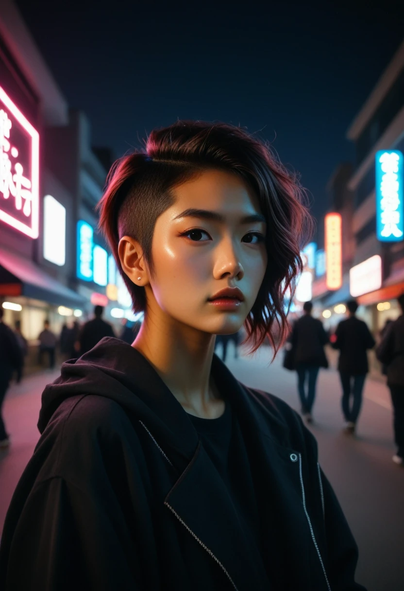 Dark skinned tomboy girl with undercut hair, illustrated by aoiro studio and masaaki komori, hyper detailed, neon lights, cinematic lighting, matte painting, illustrated in an oil painting style, trending on artstation, contemporary art, surrealistic and dreamlike atmosphere.