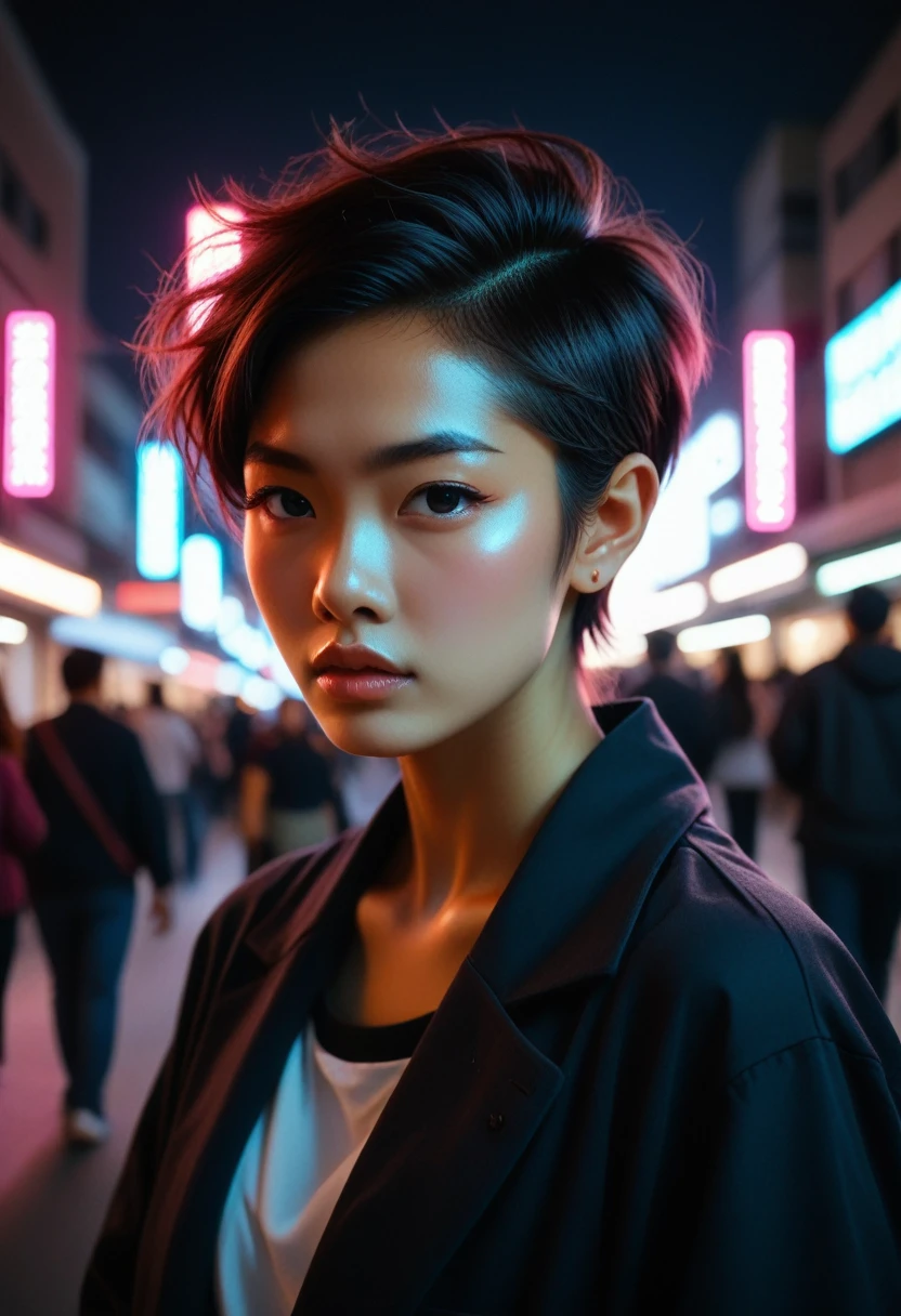 Dark skinned tomboy girl with undercut hair, illustrated by aoiro studio and masaaki komori, hyper detailed, neon lights, cinematic lighting, matte painting, illustrated in an oil painting style, trending on artstation, contemporary art, surrealistic and dreamlike atmosphere.