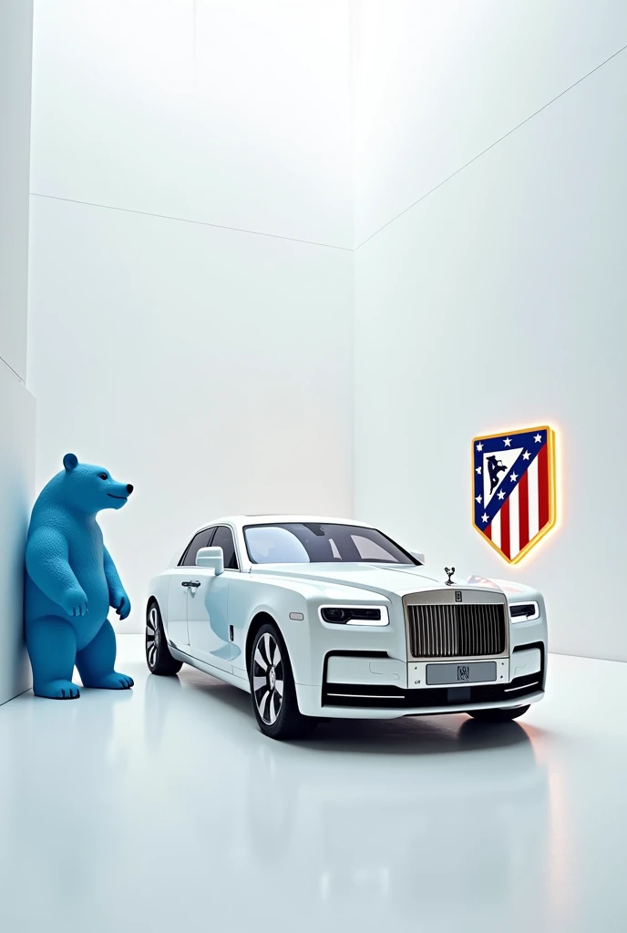 There is white rolls-royce phantom  in white room. And theres is the blue bear statue near the car. And there is Atletico Madrid football club's logo on the wall. And logo is lighting woth its colors.