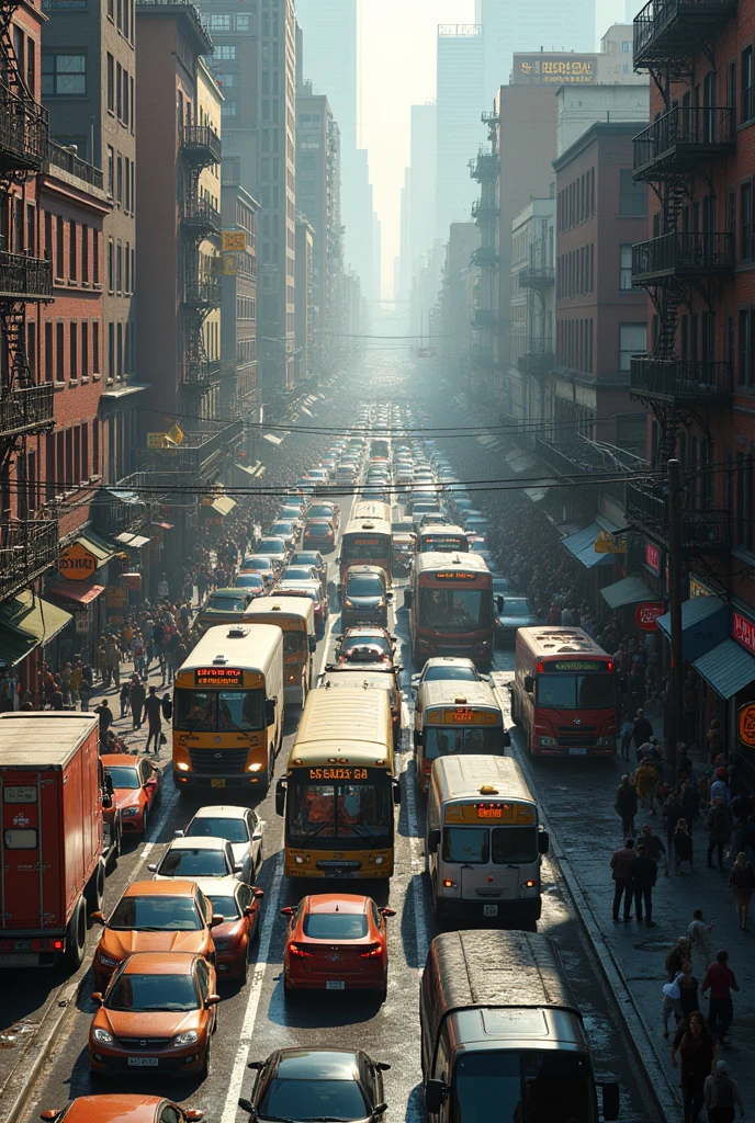 (photorealism:1.2), a street in an urban neighborhood that is very congested with traffic