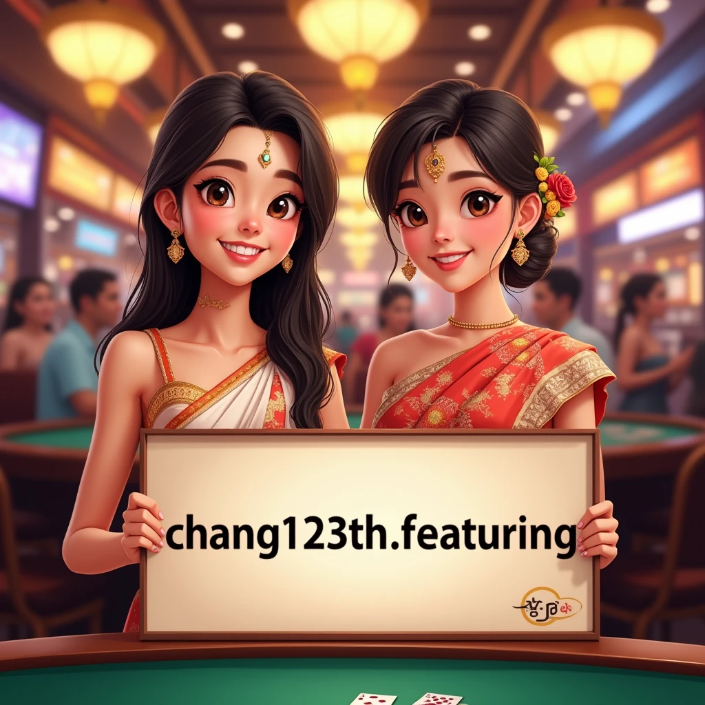 PG SLOT >> [chang123th.featuring] Direct web, upper body, two beautiful Thai women holding a sign "CHANG123 REGIST NOW" Cheerful, Happy, Casino Background, Thai Dress, Real Cartoon Pixar, Broken Chest, Standing Behind Poker Table, White Skin ,