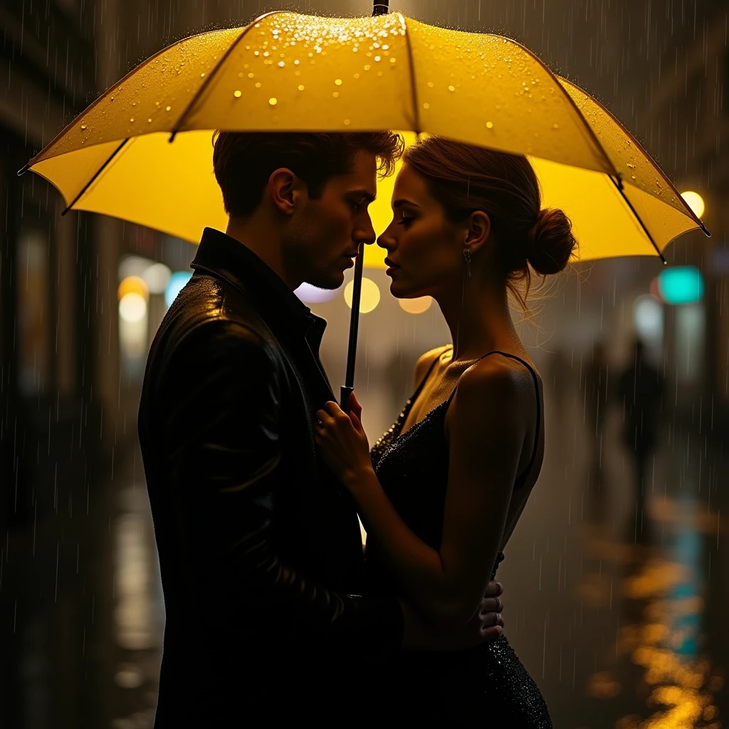 image noir et blanc, deux jeune europeen s'embrassent sur la bouche humide en se regardant dans les yeux sous un parapluie jaune, sous la pluie, éclairage en couleurs jaune.