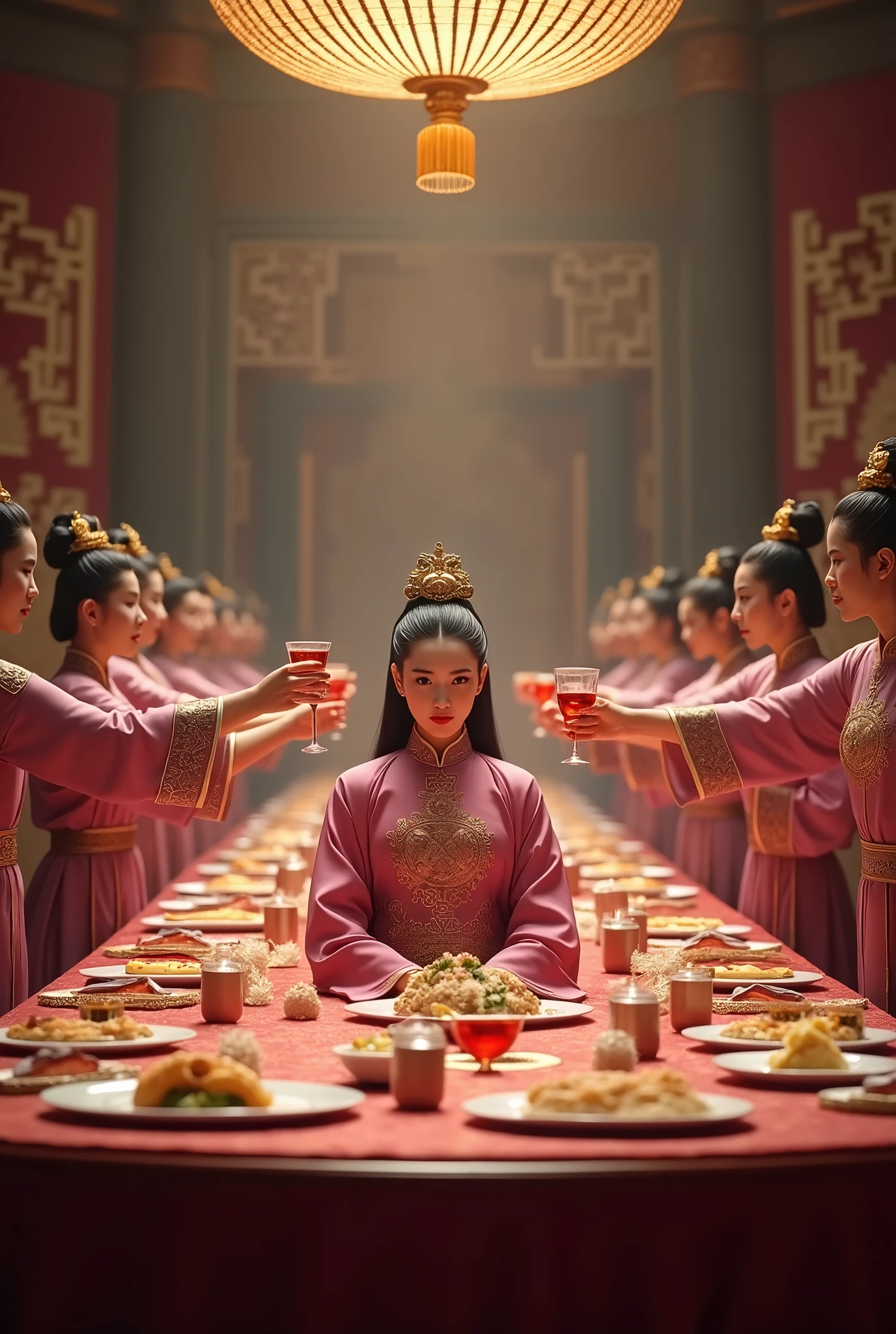 A beautiful young woman with a fierce look in a dark pink dress of a Han Dynasty official in full regalia sat at a large round dining table at a banquet where many nobles and ladies stood and raised their glasses to toast in the spacious banquet hall. The atmosphere of the room was decorated with luxurious patterns in the era of the great dynasty.