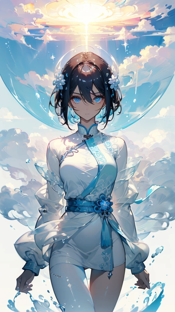 ((masterpiece, best quality)), Delicate face,goddess,cloud顶天宫,cloud,躺在cloud上,whole body,Long legs,dark skin,Perfect body proportions,Short hair handsome,Beautiful pale blue eyes,Fantasy style,Extremely beautiful,Pure white background,transparent,sexly, White sweater dress, Broken pantyhose