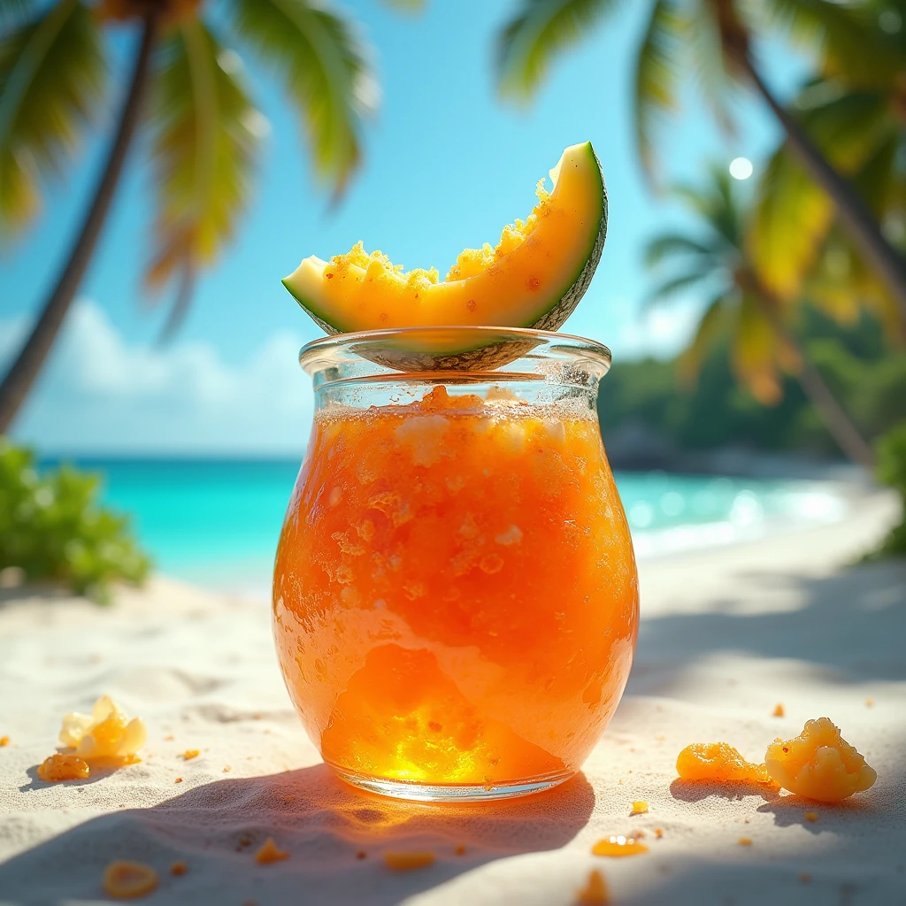 Best image quality、Highest quality、up、masterpiece、Tropical Beach、Mr.々な色に輝くガラスのjamの容器、Stent Glass、colorful、orange、(jam)、Gorgeous image、A surf-shaped melon pops out of the lid