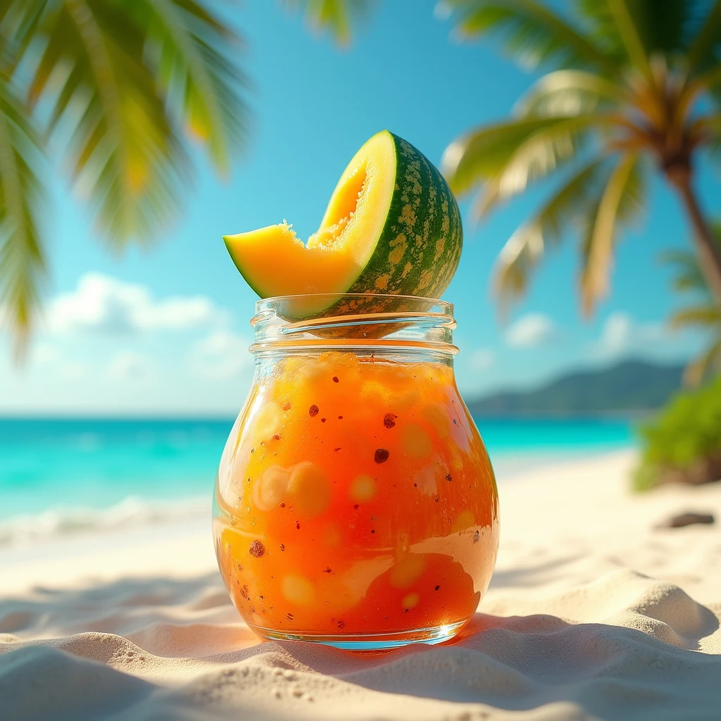 Best image quality、Highest quality、up、masterpiece、Tropical Beach、Mr.々な色に輝くガラスのjamの容器、Stent Glass、colorful、orange、(jam)、Gorgeous image、A surf-shaped melon pops out of the lid