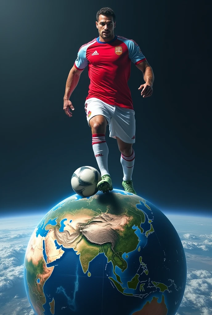 European football player stepping on planet earth as if it were a football