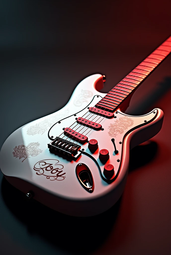 a highly detailed, hyperrealistic electric guitar, metallic finish, gleaming, white an red, engraved with the name "Jony", dramatic lighting, photorealistic, 8k, best quality, masterpiece, studio lighting, physically-based rendering, extreme detail description, vivid colors