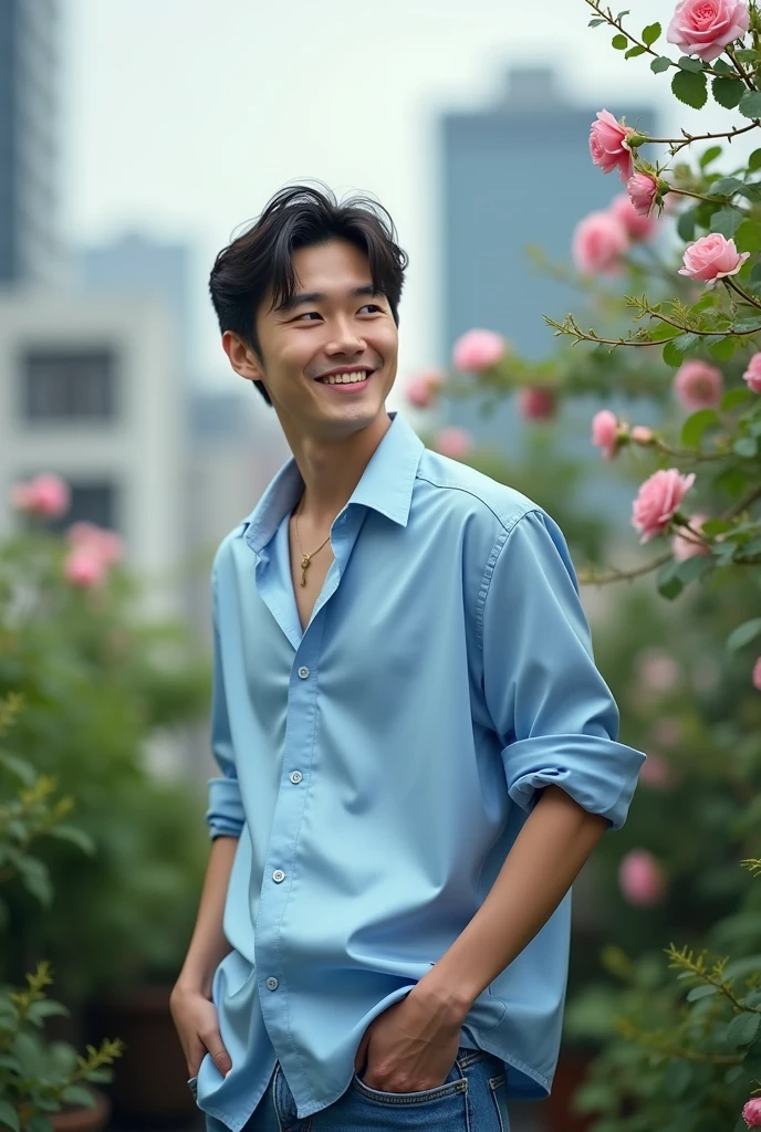 a handsome japanese man wearing loose satin light blue shirt over the pants and jeans , smile, standing in a rooftop garden, roses vines, particles and nice lighting, UHD, HDR, 8k, Masterpiece, realistic, hyper realistic.