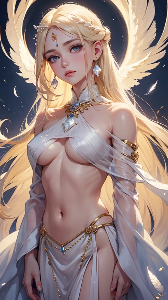 Pearly clothes, new moon on the forehead, light blonde hair, fantastic, powerful, sexly, uhd, ultra detaild, creative, perfectionist, gem stones, Soft, Tuuli, feathers, angelic face with a serene expression, Oblique eyes