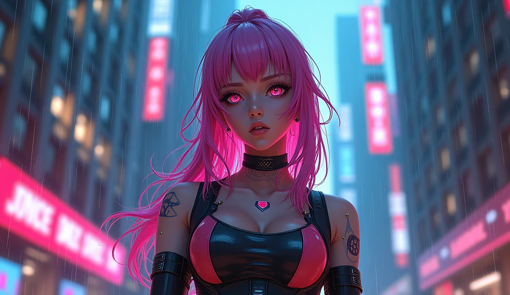 score_9,score_8_up,score_7_up, 8k, skindentation, large breasts, cleavage, long pale glittery pink hair, glowing holographic hair extensions, blunt cut bangs, glossy lips, thick contoured eyebrows, shiny skin, cyberpunk, scifi, neon lights, holographic jacket made of ral-hlgrphic, bare shoulders, low cut short glossy black dress, exquisite lace, intricate artistic color, cinematic light, radiant, vibrant, highly color focused, ((perfect face))