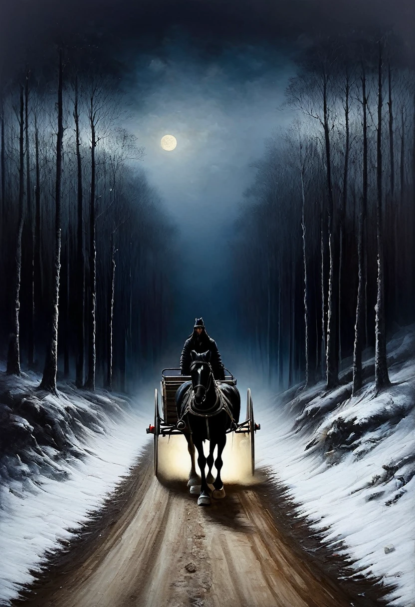 painting of a two-track winding road in a black dry gloomy forest along which a loaded cart harnessed by a black horse is traveling, night, dark atmosphere, cinematic scene, volumetric lights, ultra realistic, in the style of nicola samori