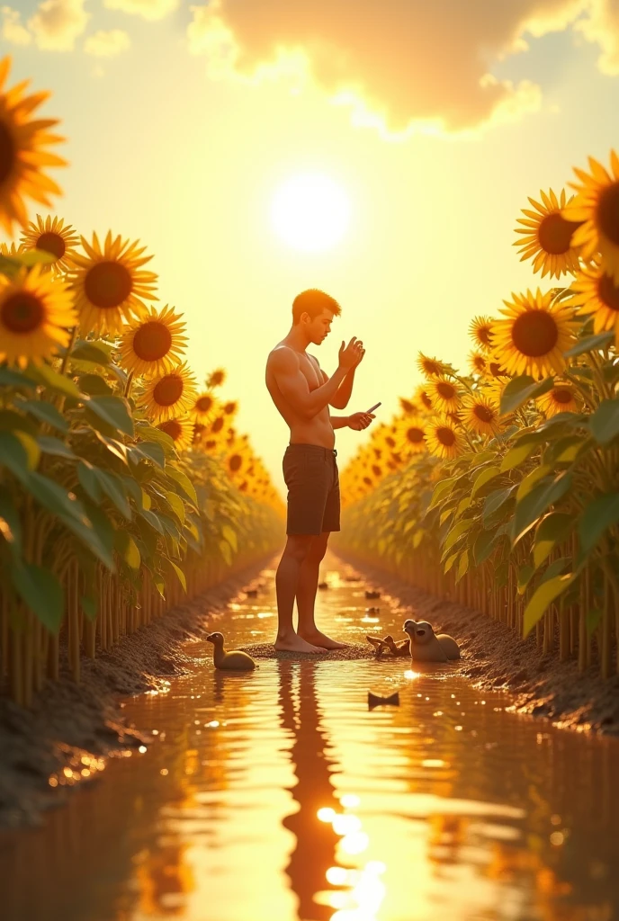 sunflower field water reflecting the sun and human man putting sunscreen on his skin animals looking for the sun