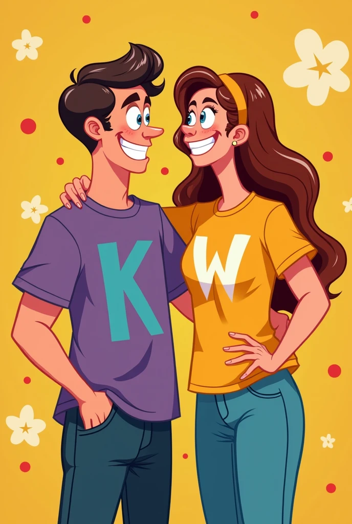 Cartoon of a man wearing a k shirt and a woman wearing a w shirt.