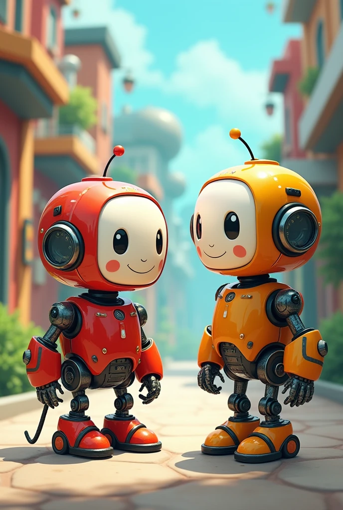 Adorable little robot smiling at another robot while hiding his broken arm. anime.