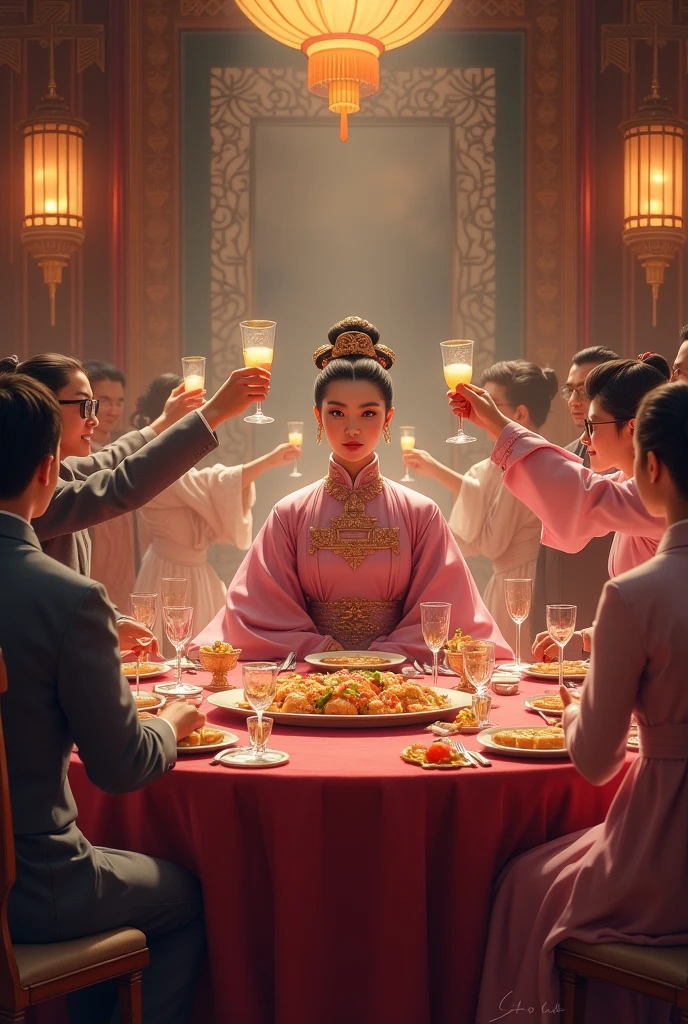 A beautiful young woman with a fierce look in a dark pink dress of a Han Dynasty official in full regalia sat at a large round dining table at a banquet where many nobles and ladies stood and raised their glasses to toast in the spacious banquet hall. The atmosphere of the room was decorated with luxurious patterns in the era of the great dynasty.