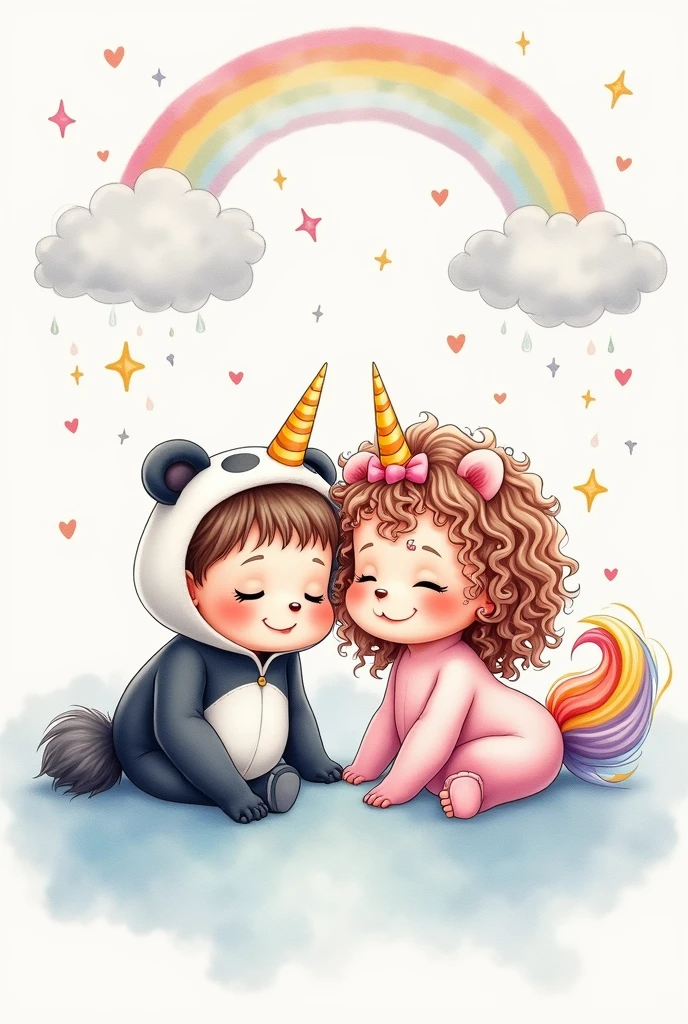 Make a watercolor image of a baby dressed as a panda bear with curly brown hair next to a baby dressed as a colorful unicorn with long curly hair lying on a cloud with a rainbow, stars and hearts in light colors