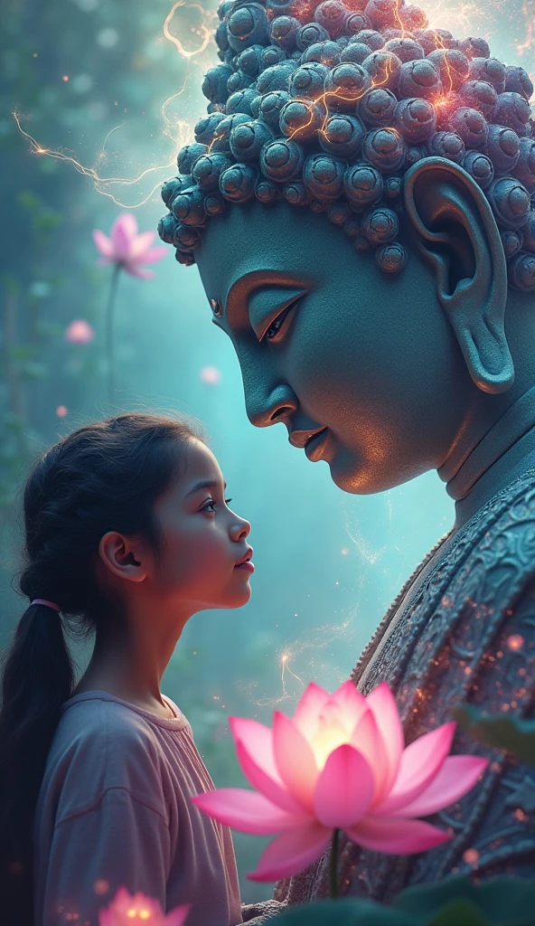 a psychedelic buddha statue, a young girl, high quality,8k,photorealistic,hyper detailed,dramatic lighting,vibrant colors,intricate details,ornate decorations,serene expression,lotus flower,swirling energy,spiritual atmosphere,mystical aura,dreamlike quality