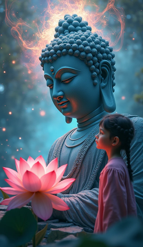 a psychedelic buddha statue, a young girl, high quality,8k,photorealistic,hyper detailed,dramatic lighting,vibrant colors,intricate details,ornate decorations,serene expression,lotus flower,swirling energy,spiritual atmosphere,mystical aura,dreamlike quality