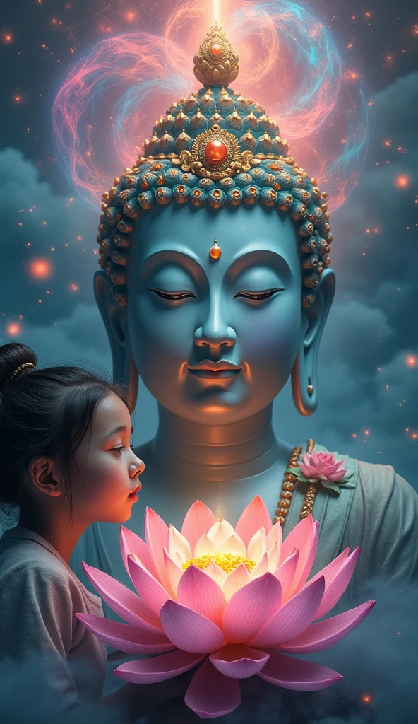 a psychedelic buddha statue, a young girl, high quality,8k,photorealistic,hyper detailed,dramatic lighting,vibrant colors,intricate details,ornate decorations,serene expression,lotus flower,swirling energy,spiritual atmosphere,mystical aura,dreamlike quality