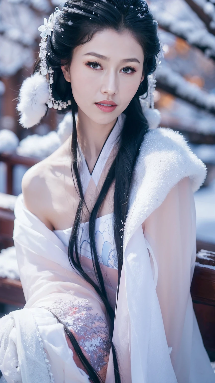 1 Fashion Model [[[[close up]]]], [[[[neck]]]], [[[[Shoulder]]]], (((Complete head)))，(((Complete hairstyle)))，Perfect eyes, Perfect Iris，Perfect lips，Perfect Teeth，Perfect skin，White skin，Soft headlights，High-density imaging，Black long hair，（Clean and delicate face），((Simple fur winter Hanfu))，((full-body shot))，((The background is a snowy scene))，((winter))，((Various dynamic poses))，((The background is a snowy scene))，best quality，masterpiece，（Soft colors：1.2）