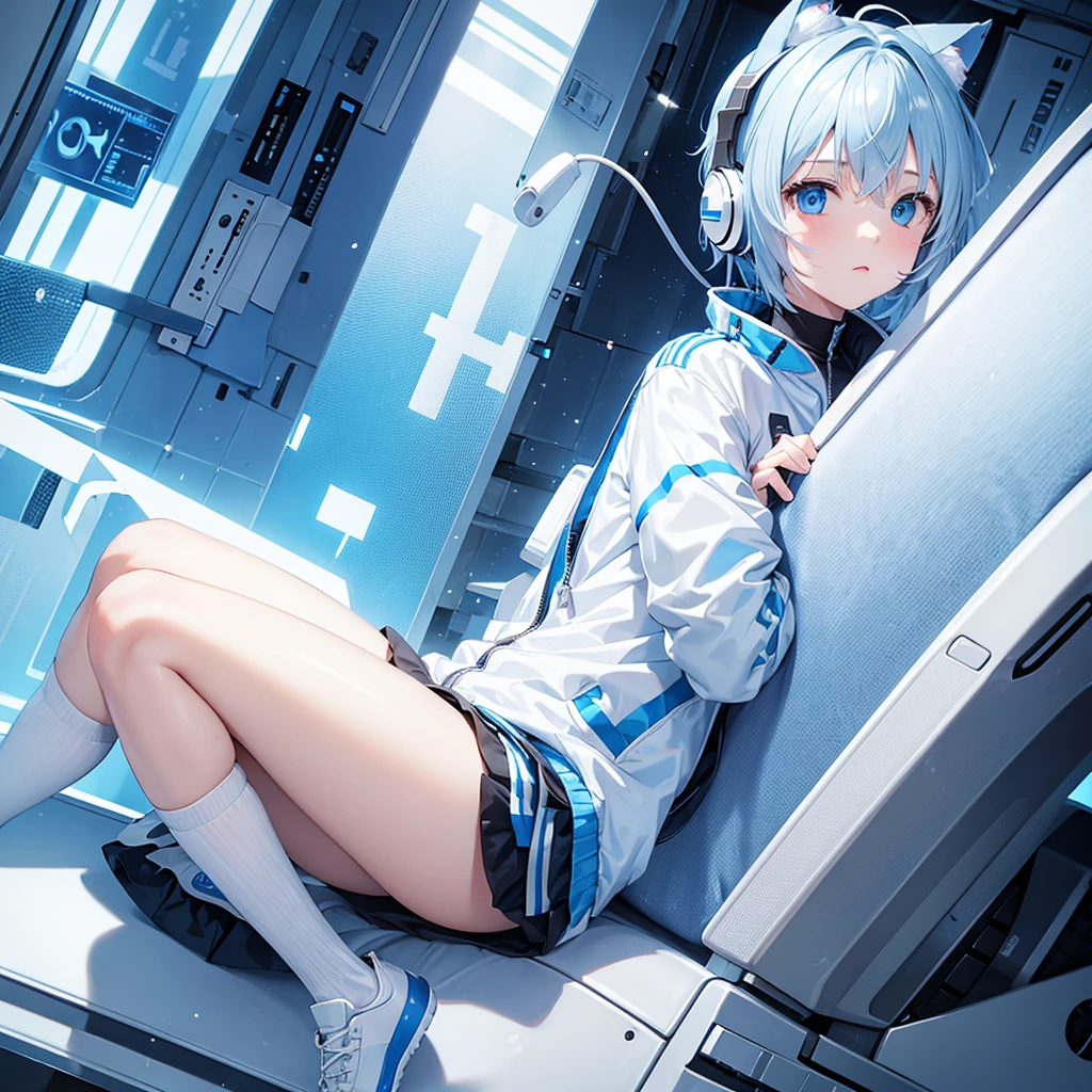 Light blue eyes Light blue hair inside white hair Short hair Playing a game The jacket is light blue and white The headphones are cat ear shaped and are light blue and white.