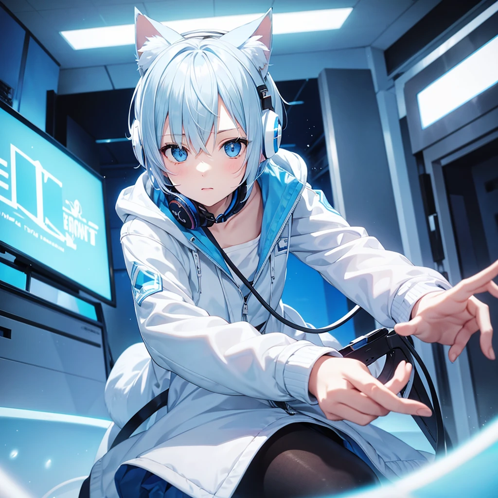 Light blue eyes Light blue hair inside white hair Short hair Playing a game The jacket is light blue and white Fifteen years old The headphones are cat ear shaped and are light blue and white.