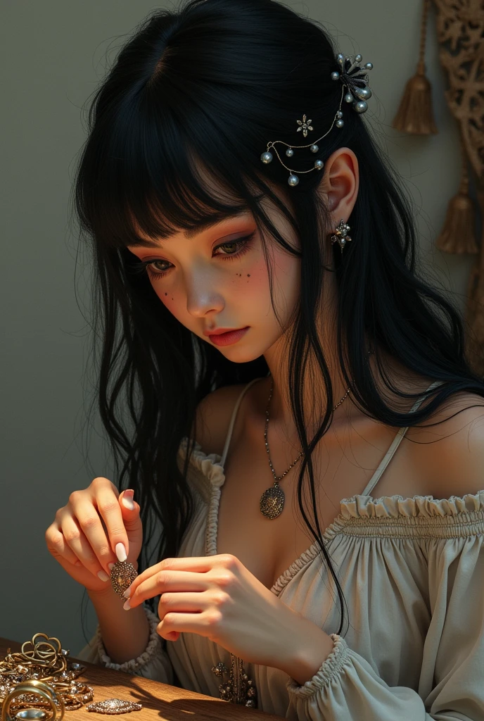 Height: 6'0 foot tall Gender: Female Appearance: Her hair reaches down her waist, jet black hair, straight hair, straight bangs with silver draping down her bangs. Skinny round face, siren eyes, long eyelashes, heart shaped lips, her bottom left cheeks had a beauty mark, her right eyelid had a beauty mark, soft angle medium arch eyebrows, black eyes. Sand skin color. Button nose. Demihuman: Half owl and half human, owls typically had amazing eyesight and hunting experience especially in the night with their incredible grip and silent wings. Black mix with a tiny mix of brown wings, soft but surely sharp, huge and massive.
Facing side way, crafting jewelry with her own hands.