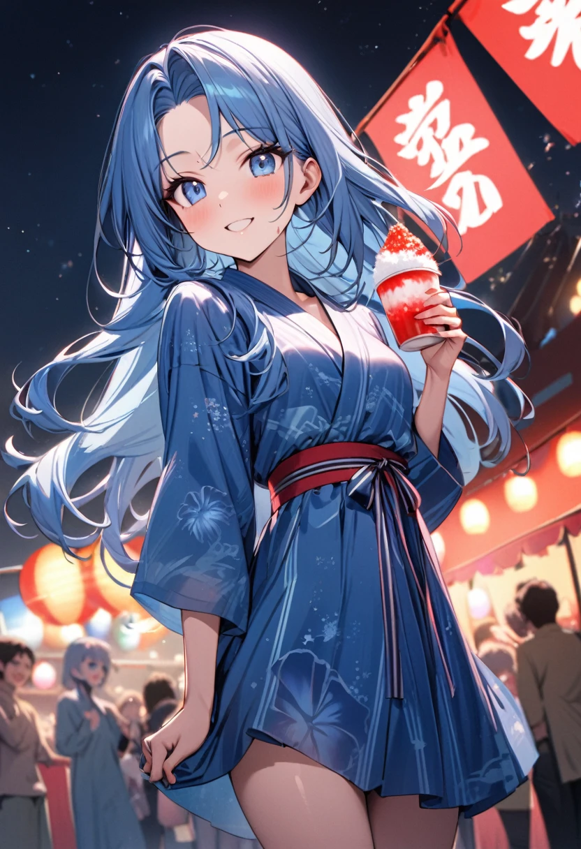 (Night Summer Festival), (frontale standing, solo:2, 15yo) (detailed forehead) (beautiful blue hair long hair), (best cute girl) (immensely lovely blue eyes) (happy smile) (glossy lip) (small tits), in a cute blue yukata with double exposure:1.1 red Lycoris radiata, break, hand holding a beautiful detailed Shaved Ice with Strawberry syrup, break, in the night summer festival venue, (background beautiful Real fireworks), BREAK, perfect anatomy, masterpiece, best quality, 16k, beautiful detailed night, daydreaming expression.