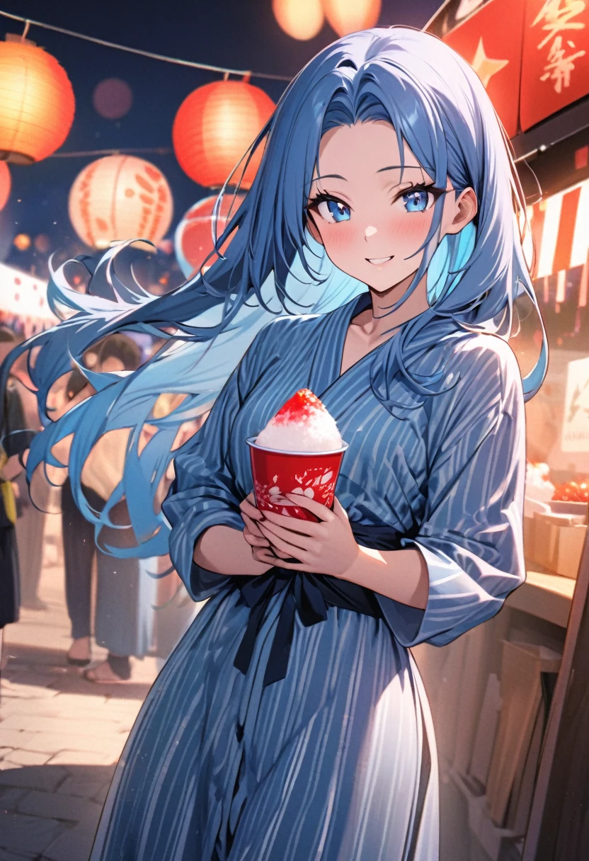 (Night Summer Festival), (frontale standing, solo:2, 15yo) (detailed forehead) (beautiful blue hair long hair), (best cute girl) (immensely lovely blue eyes) (happy smile) (glossy lip) (small tits), in a cute blue yukata with double exposure:1.1 red Lycoris radiata, break, hand holding a beautiful detailed Shaved Ice with Strawberry syrup, break, in the night summer festival venue, (background beautiful Real fireworks), BREAK, perfect anatomy, masterpiece, best quality, 16k, beautiful detailed night, daydreaming expression.
