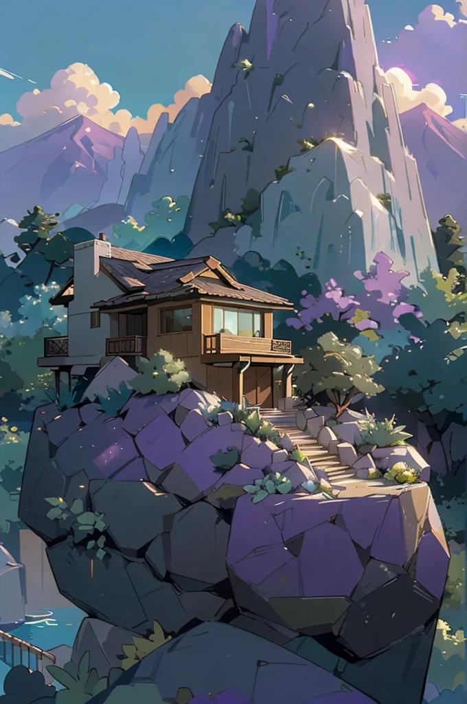 small and beautiful modern house in top of big boulders, terraces, pool, stairs, multiple cacti gardens, palms, trees, rocks, beautiful landscape design, mountains and volcano y background, amazing clouds, sun, moon, planets, milky way galaxy, concrete, wood, glass and steel materials, olive green, violet, orange and withe colors in facade