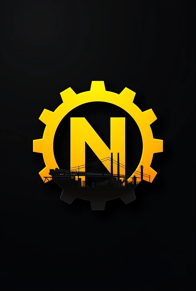 Make a logo using a gear and inside it there is a letter N and behind it a factory where the gear and the N are yellow and the factory behind is black.
