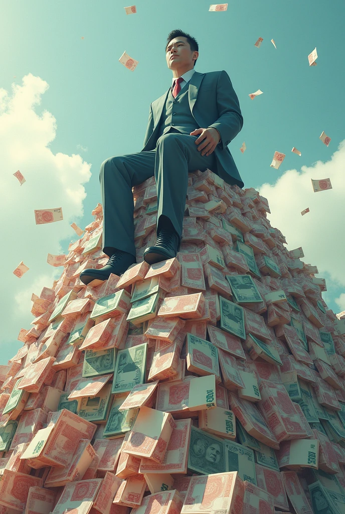 A big man is sitting on a mountain of korean money. The man is 2 and is sitting on a mountain of koren owbn. That money will be Bangladeshi money.