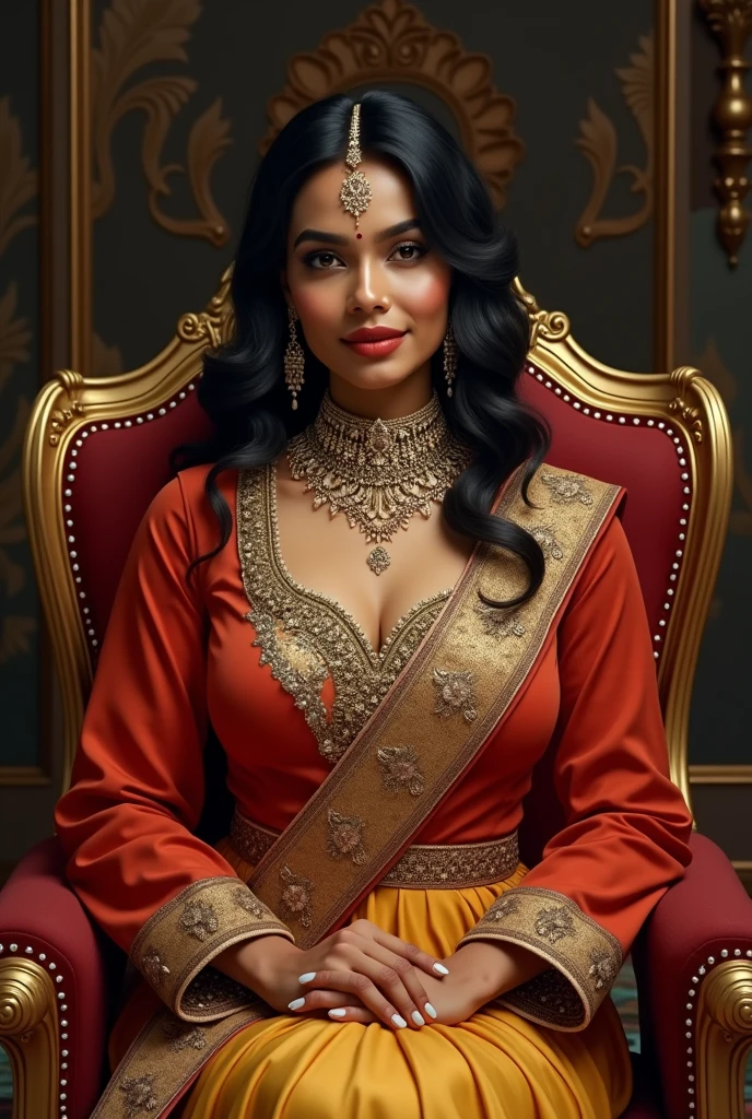 6 ft massive breasted average beautiful sri lanakan wealthy age 25 girl in maharani dress. Wearing Academic regalia.well educated.sit in chair with big breasts, big butt,slim stomach.