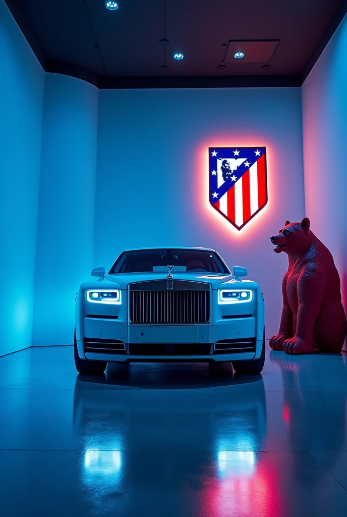 There is white rolls-royce phantom in blue room. And theres is the red and scary bear statue near the car. And there is Atletico Madrid football club's logo on the wall. And logo is lighting woth its colors.