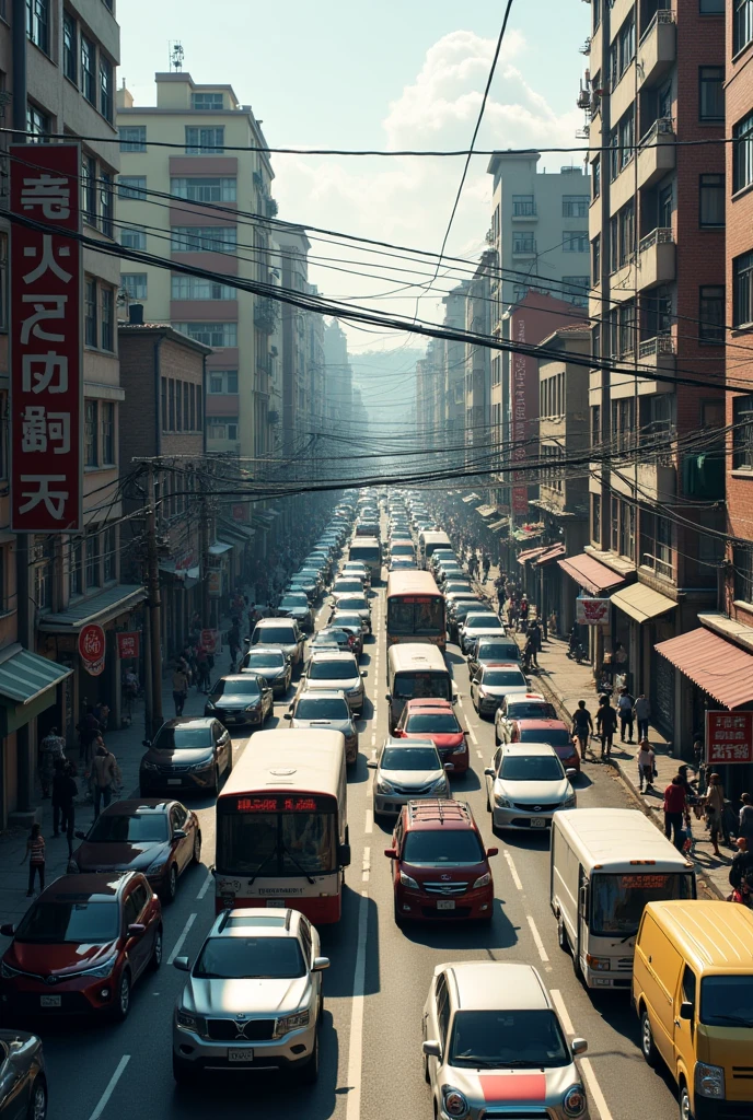 (photorealism:1.2), a street in a neighborhood that has a lot of traffic congestion