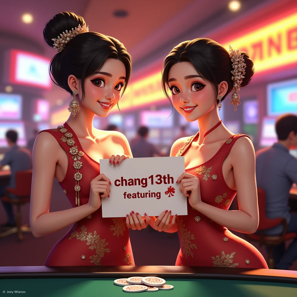 PG SLOT >> [chang123th.featuring] Direct web, upper body, two beautiful Thai women holding a sign "CHANG123th.featuring REGIST NOW" Cheerful, Happy, Casino Background, Thai Dress, Real Cartoon Pixar, Broken Chest, Standing Behind Poker Table, White Skin , simplemix, AbsoluteRealthailandwomen, ELEGANT WOMEN, guofeng, very horny, hardcore, realistic,