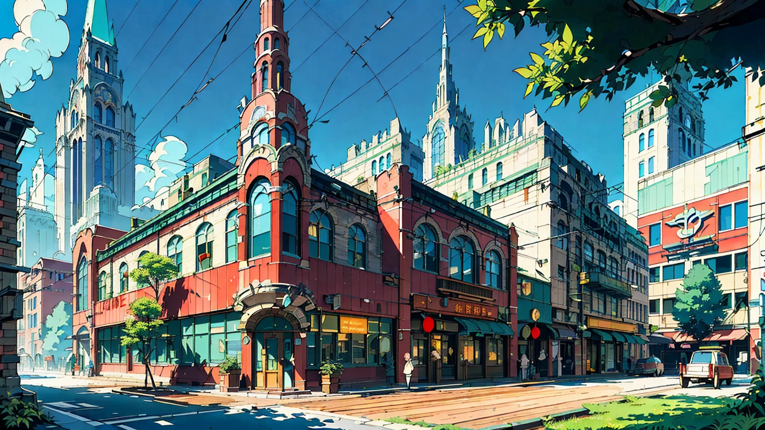 (retrofuturistic), art deco architecture, streamline moderne, (romanesque architecture), fantasy setting, ((low tech)), (big (neon signs) ), small town, ((no characters)), ((Cobblestone buildings, metal buildings, wood buildings)), ((trees, grass, plants, foliage, high vegetation)), peaceful, optimistic, atmospheric, ((masterpiece)), ((anime)), ((cartoony)), ((stylized)), (( 1990s (style) )),