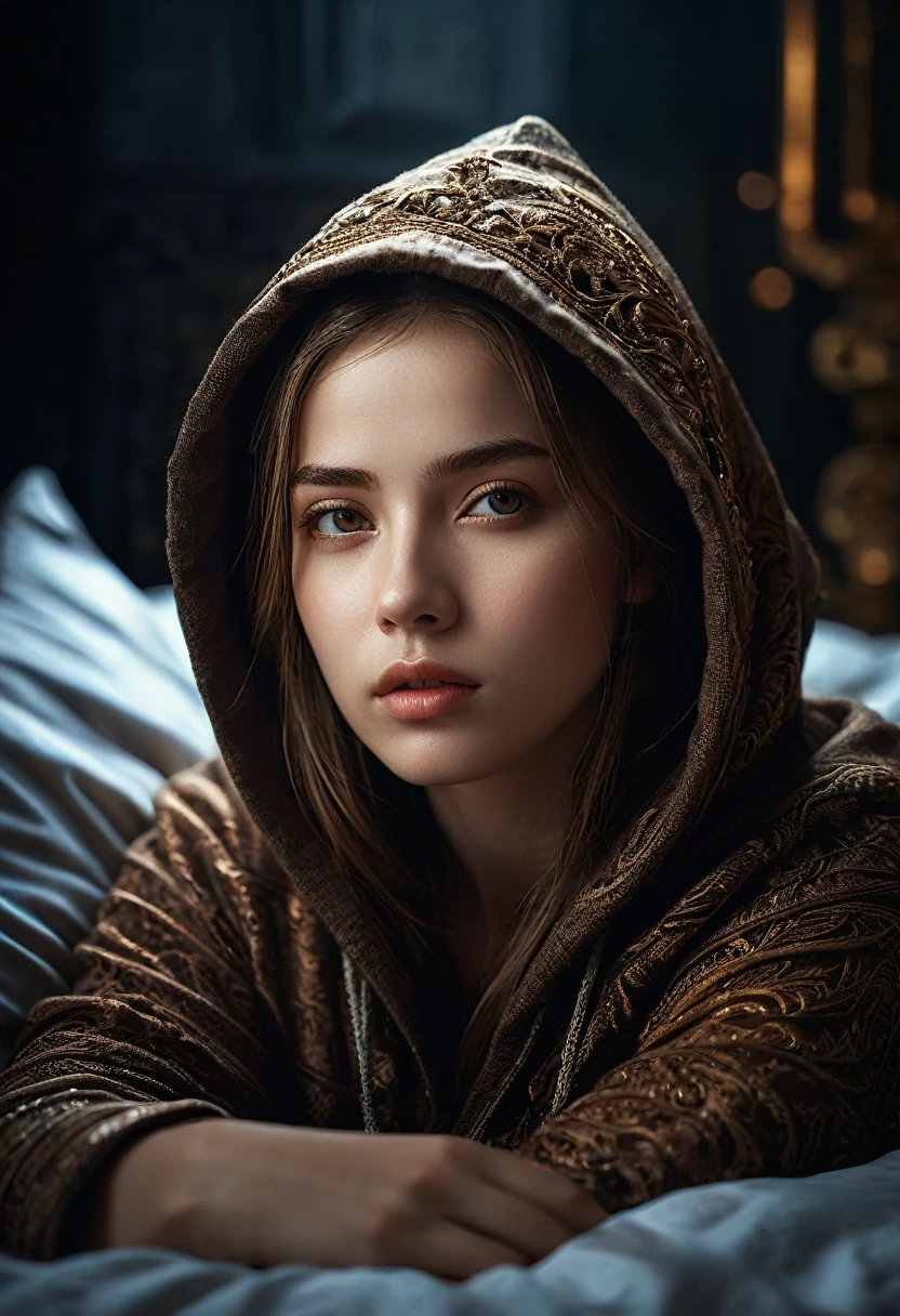 genius idol lady, lady, brown hood, hood, 1girl, best quality, outdoor, high definition, cute, lying on the cute bed, intricate details High Quality, 8k, Realistic, Ultra-Detailed, Dramatic Lighting, Soft Focus, Digital Illustration, Intense Expression, Strong Gaze, Intense Emotion, Complex Mechanics, Advanced Technology, Dark Background, Cinematic, High Contrast, Moody, Strict, Atmosphere, (Best Quality, 4k, 8k, High Definition, Masterpiece: 1. 2 ), ultra-detailed, (realistic, graphic, photorealistic:1.37) --no glass