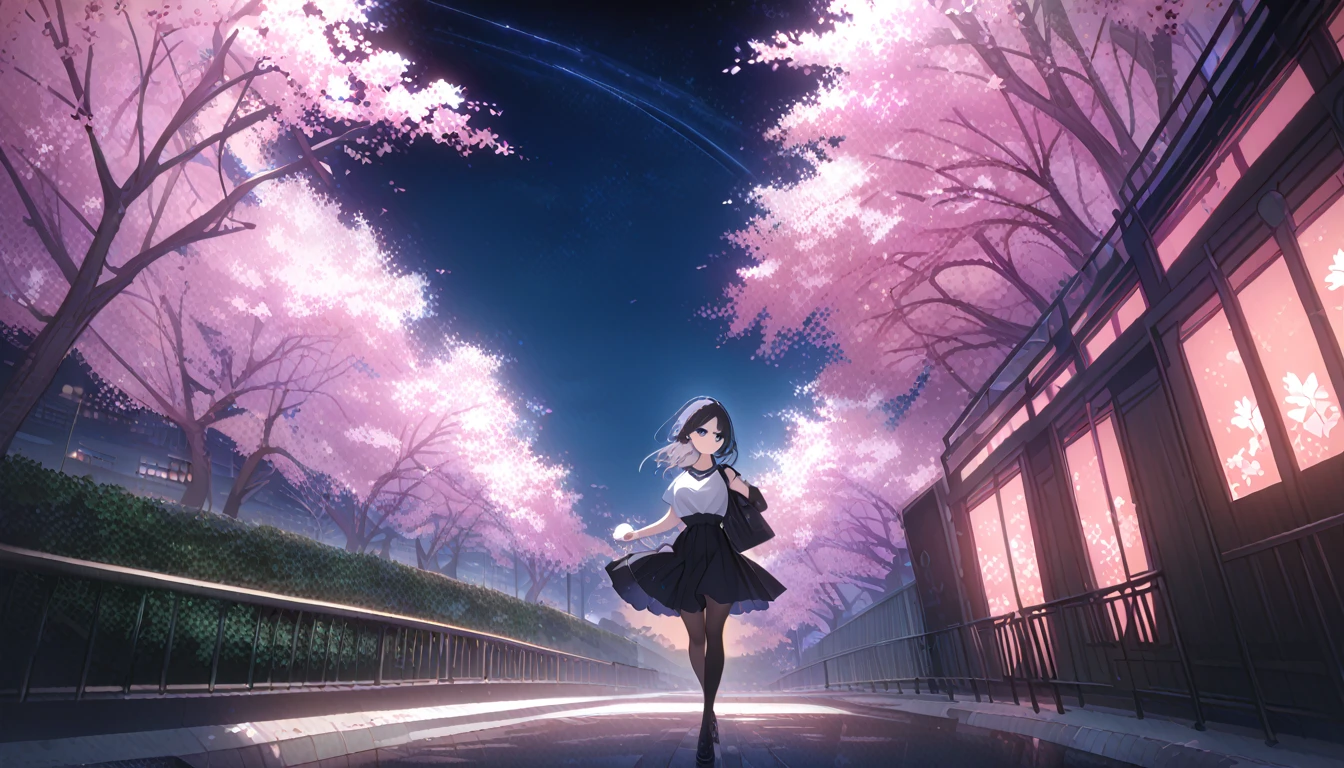 masterpiece, high quality, 16k resolution, detailed, beautiful anime girl, large breasts, slender waist, pale skin, black hair, fine hair, simple clothing, white T-shirt, no accessories, (looking away:1.4), (walking in neon-lit night city), spring season, comfortable weather, discovering beautiful night cherry blossoms, neon lights, joyful expression, looking up at cherry tree, stunning smile, captivating eyes, delicate face, artistic, emotional depth, serene atmosphere, detailed background, vibrant colors, breathtaking beauty, ((MrKb)), full body shot