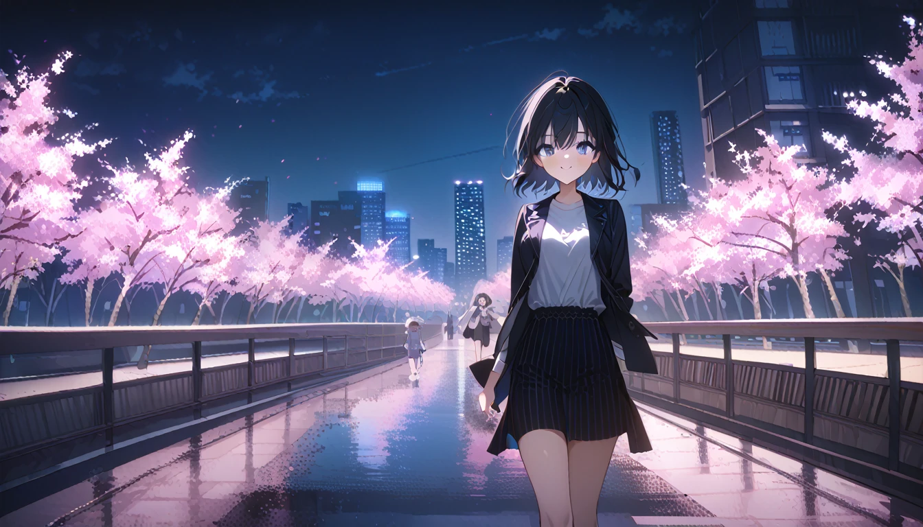 masterpiece, high quality, 16k resolution, detailed, beautiful anime girl, large breasts, slender waist, pale skin, black hair, fine hair, simple clothing, white T-shirt, no accessories, (looking away:1.4), (walking in neon-lit night city), spring season, comfortable weather, discovering beautiful night cherry blossoms, neon lights, joyful expression, looking up at cherry tree, stunning smile, captivating eyes, delicate face, artistic, emotional depth, serene atmosphere, detailed background, vibrant colors, breathtaking beauty, ((MrKb)), full body shot