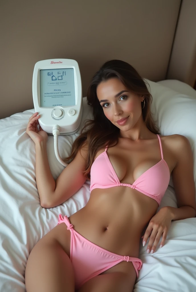 a pink bikini lying on a bed next to a machine that says “gender change device”