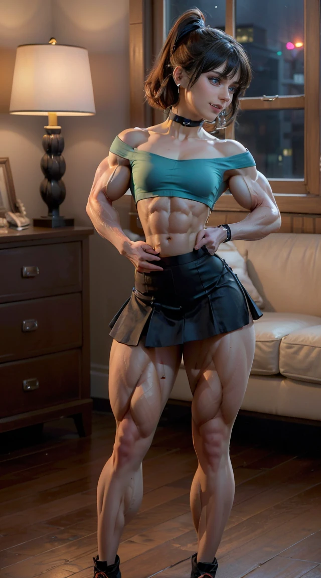 (Muscular:2.7), (thick thighs:2.7), (sculped muscles:2.5), (athletic body:2.5), (muscular body:2.5),
(caucasian female), (pale skin, straight black hair, blunt bangs:1.4), (big smile:2.2), (long hair), (blue eyes:1.4), z003yd-v1, (cat ears:1.4),
(stud earrings, lipstick, eyeshadow:1.3),
(small breasts:2.5), (hard nipples),
(choker, sleeveless off-the-shoulder top, skirt, midriff:2),
(looking at viewer), (three quarter view:1.3), (upper body view, cropped knees:1.2),
highrise living room, (nighttime:1.3), rim lighting, two tone lighting, dim lighting, soft lighting, bokeh, detailed skin, detailed eyes