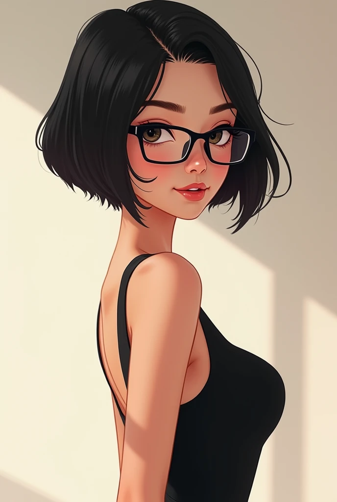 Animation style,Half body photo of young  beautiful lady, very short black hair  in black dress  turning sideways , wearing eyes glasses,looking straight to the camera with secret smile.