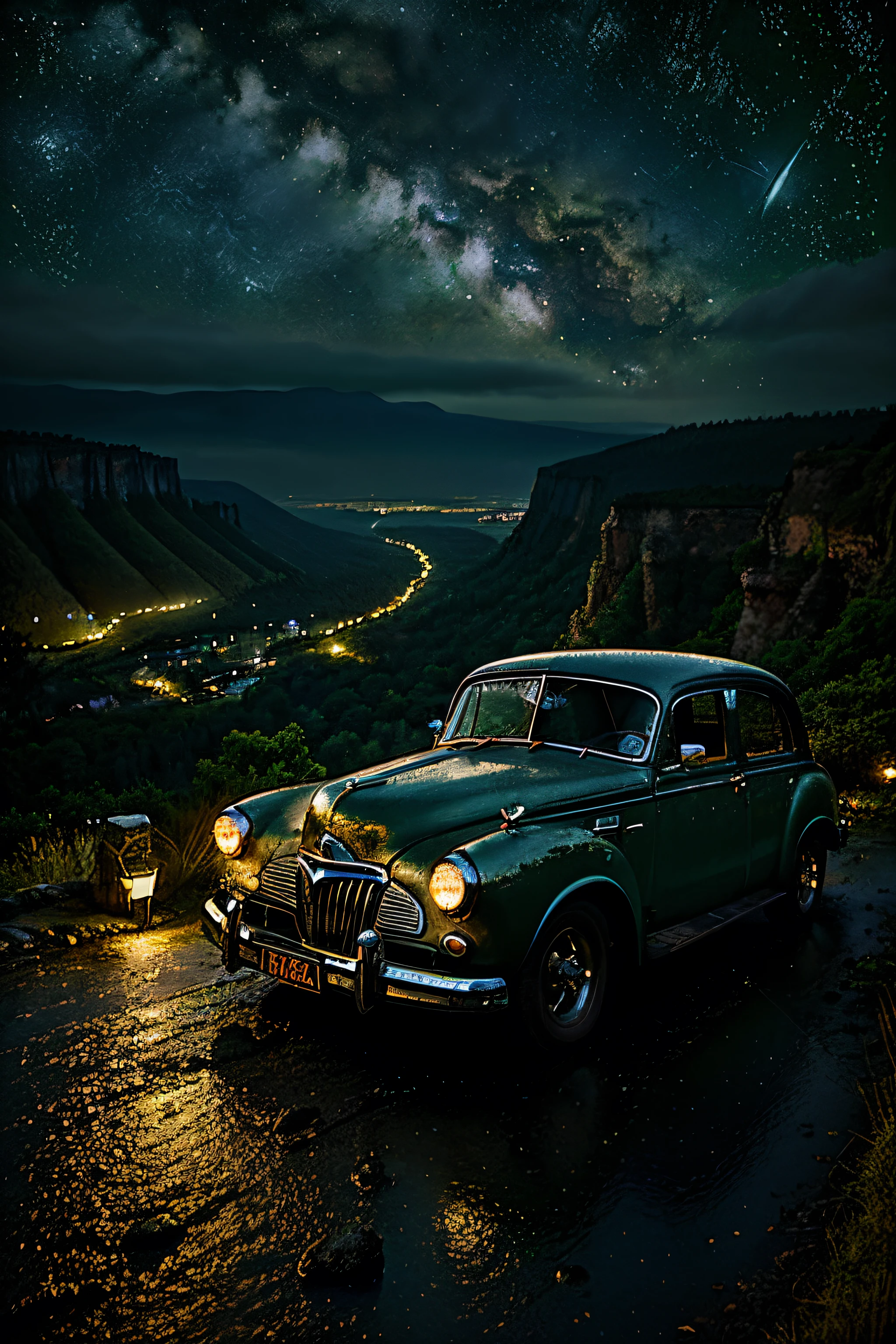 old car parked on a cliff, lights on, night, stars, mountains view, forest, cosy, rainy, galaxy, planets, realism