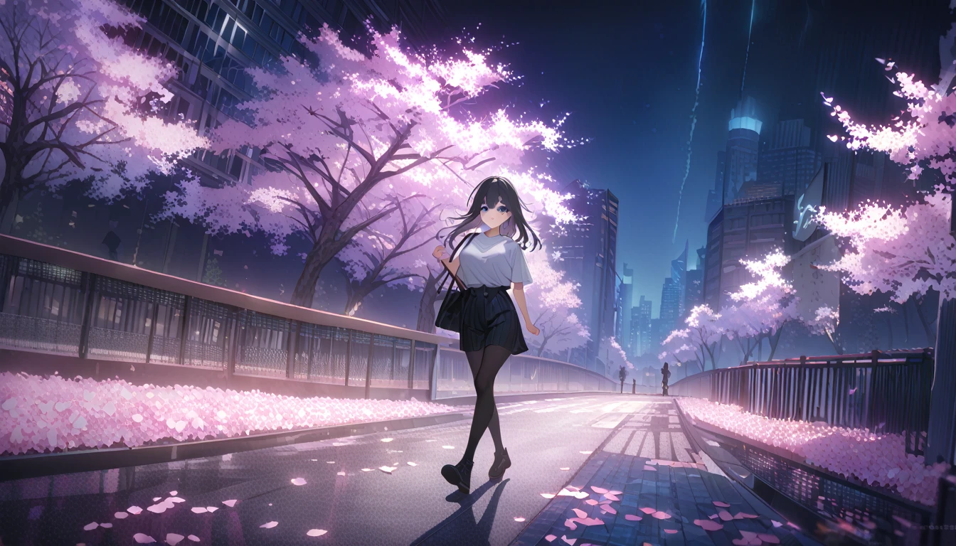 masterpiece, high quality, 16k resolution, detailed, beautiful anime girl, large breasts, slender waist, pale skin, black hair, fine hair, simple clothing, white T-shirt, no accessories, (looking away:1.4), (walking in neon-lit night city), spring season, comfortable weather, discovering beautiful night cherry blossoms, neon lights, joyful expression, looking up at cherry tree, stunning smile, captivating eyes, delicate face, artistic, emotional depth, serene atmosphere, detailed background, vibrant colors, breathtaking beauty, ((MrKb)), full body shot