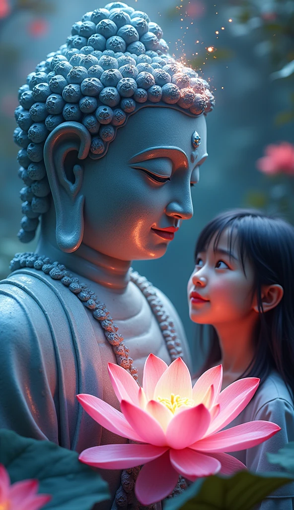 a psychedelic buddha statue, a young girl, high quality,8k,photorealistic,hyper detailed,dramatic lighting,vibrant colors,intricate details,ornate decorations,serene expression,lotus flower,swirling energy,spiritual atmosphere,mystical aura,dreamlike quality