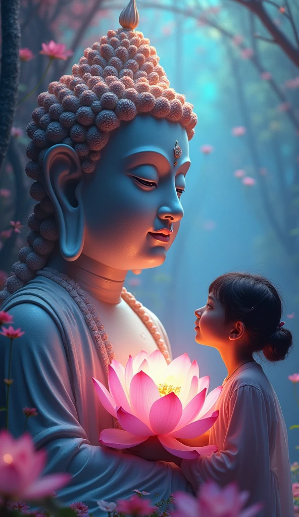 a psychedelic buddha statue, a young girl, high quality,8k,photorealistic,hyper detailed,dramatic lighting,vibrant colors,intricate details,ornate decorations,serene expression,lotus flower,swirling energy,spiritual atmosphere,mystical aura,dreamlike quality
